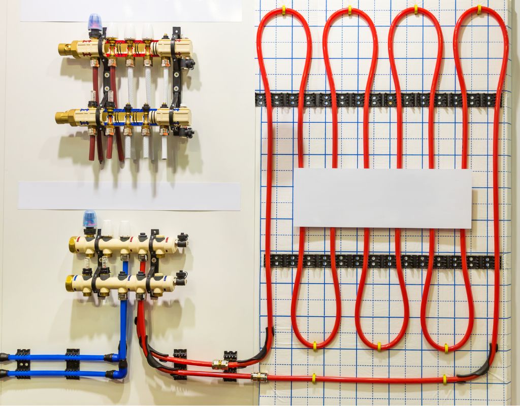 Una dettagliata esposizione di un sistema di tubature per impianti idraulici o di riscaldamento. Sulla sinistra, ci sono due gruppi di valvole e tubi, uno sopra l'altro, con diverse connessioni colorate. Sulla destra, una serie di tubi rossi è organizzata in modo ordinato e parallelo, fissata a una parete grigliata. Questi tubi sembrano pronti per essere connessi a un impianto di riscaldamento radiante o simile.

